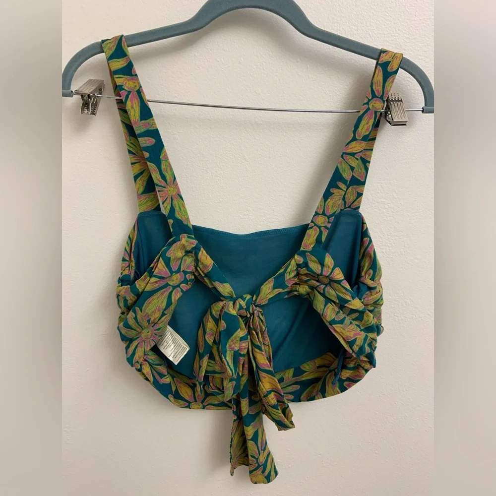 Free People Floral Tie Back Crop Top Tank Top Medium Green Pink Boho Sleevless - Picture 2 of 8